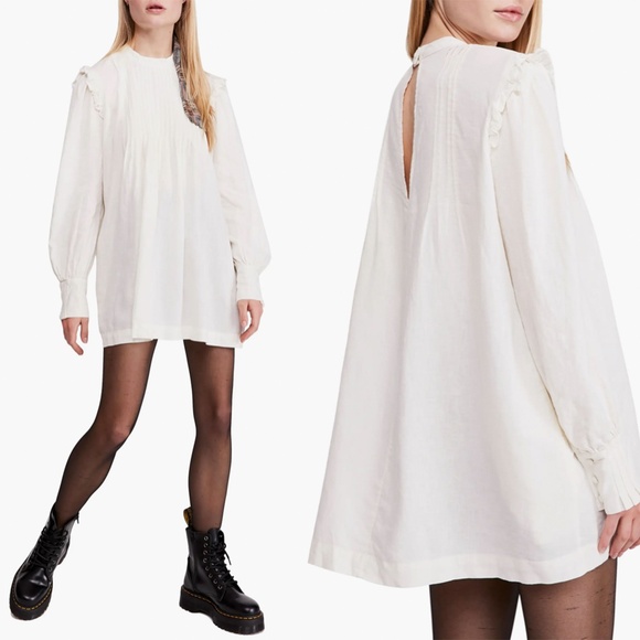 FREE PEOPLE | Linen Blend Clover Pintuck Linen Blend Tunic in White | Size S - Picture 1 of 11
